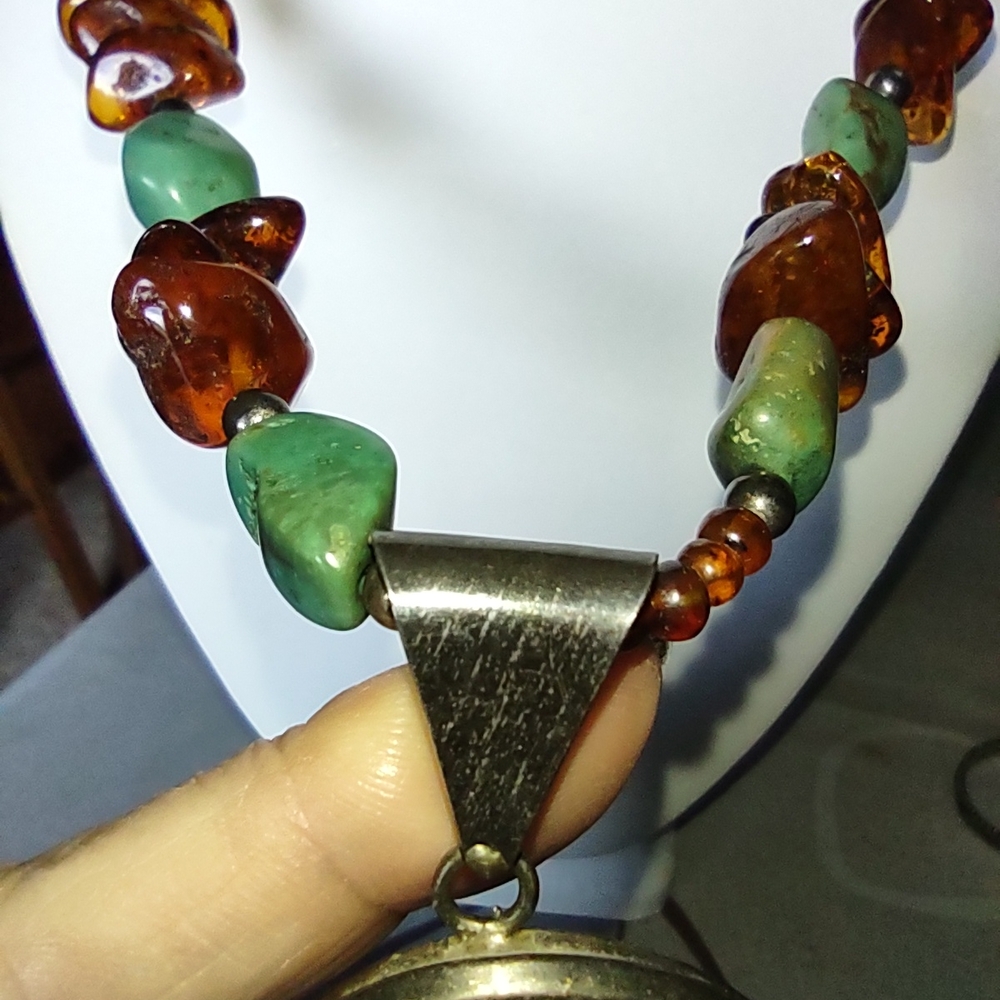 Enormous Turquoise and Amber Pendant Necklace - Statement Piece - Very Heavy - Picture 13 of 16